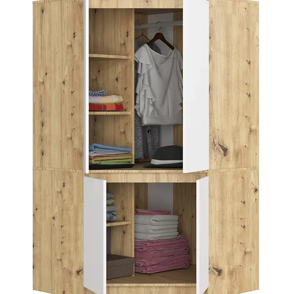 Armoire d'angle AKORD S100 Chêne Artisan 100 cm 4 portes façade Blanche 6 étagères 100x50x180 cm