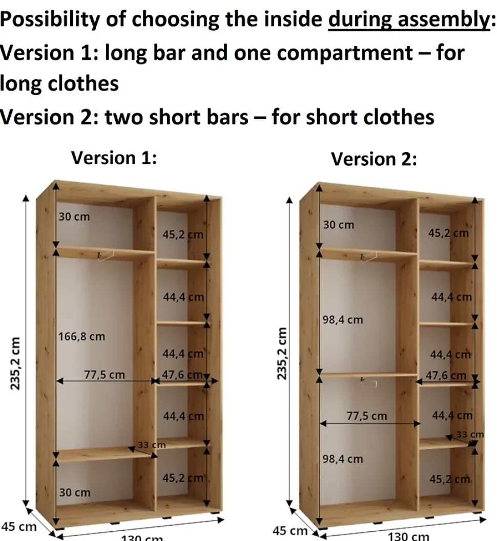 Armoire Davos 5 a portes coulissantes H. 235,2 x L. 130 x P. 45 2 portes