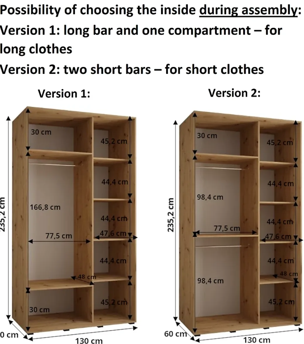 Armoire Davos 1 a portes coulissantes H. 235,2 x L. 130 x P. 60 2 portes