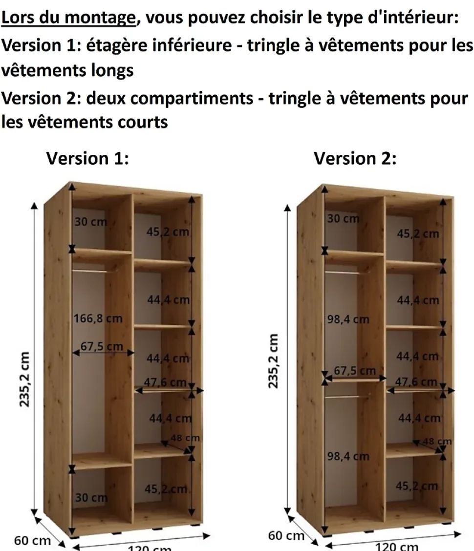 Armoire Davos 3 a portes coulissantes H. 235,2 x L. 120 x P. 60 2 portes