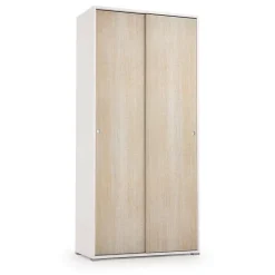 Armoire Dbuti, armoire avec 2 portes coulissantes et 4 Etageres, mobilier de chambre polyvalent, 90x45h195 cm, Chêne et Blanc