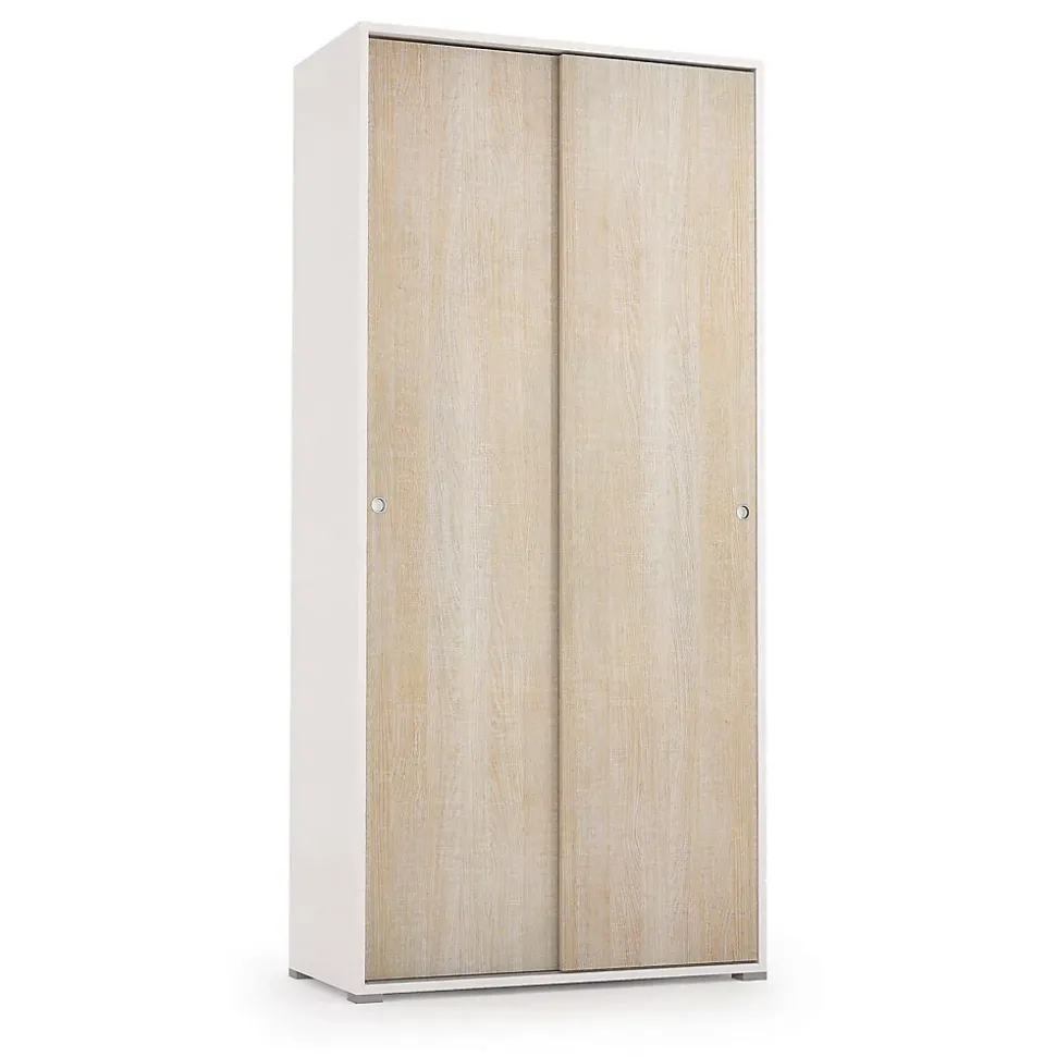 Armoire Dbuti, armoire avec 2 portes coulissantes et 4 Etageres, mobilier de chambre polyvalent, 90x45h195 cm, Chêne et Blanc