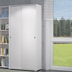 Armoire Dbuti, armoire avec 2 portes coulissantes et 4 Etageres, mobilier de chambre polyvalent moderne, 90x45h195 cm, Blanc