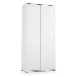 Armoire Dbuti, armoire avec 2 portes coulissantes et 4 Etageres, mobilier de chambre polyvalent moderne, 90x45h195 cm, Blanc