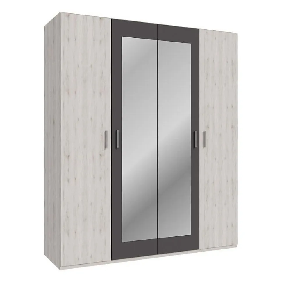 Armoire de chambre - ADRIA - Chene cendré / Gris foncé - 4 portes battantes - 2 miroirs - 177,5 x 54,2 x 210,5 cm