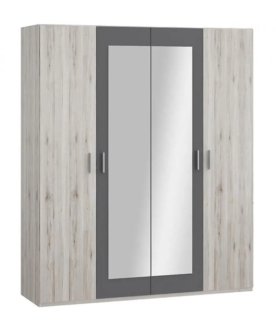 Armoire de chambre - ADRIA - Chene cendré / Gris foncé - 4 portes battantes - 2 miroirs - 177,5 x 54,2 x 210,5 cm