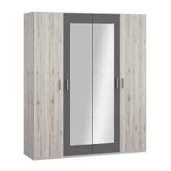 Armoire de chambre - ADRIA - Chene cendré / Gris foncé - 4 portes battantes - 2 miroirs - 177,5 x 54,2 x 210,5 cm