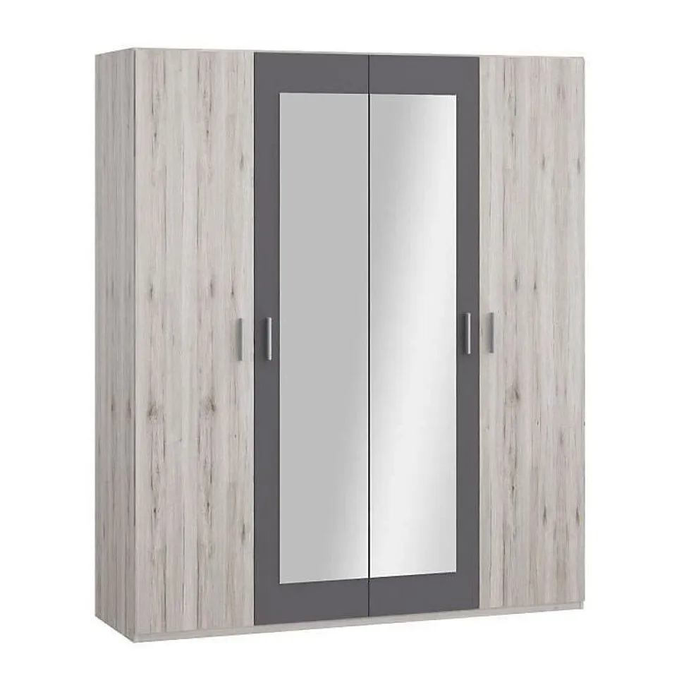 Armoire de chambre - ADRIA - Chene cendré / Gris foncé - 4 portes battantes - 2 miroirs - 177,5 x 54,2 x 210,5 cm