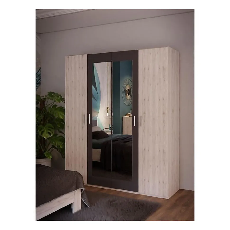 Armoire de chambre - ADRIA - Chene cendré / Gris foncé - 4 portes battantes - 2 miroirs - 177,5 x 54,2 x 210,5 cm