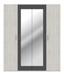 Armoire de chambre - ADRIA - Chene cendré / Gris foncé - 4 portes battantes - 2 miroirs - 177,5 x 54,2 x 210,5 cm
