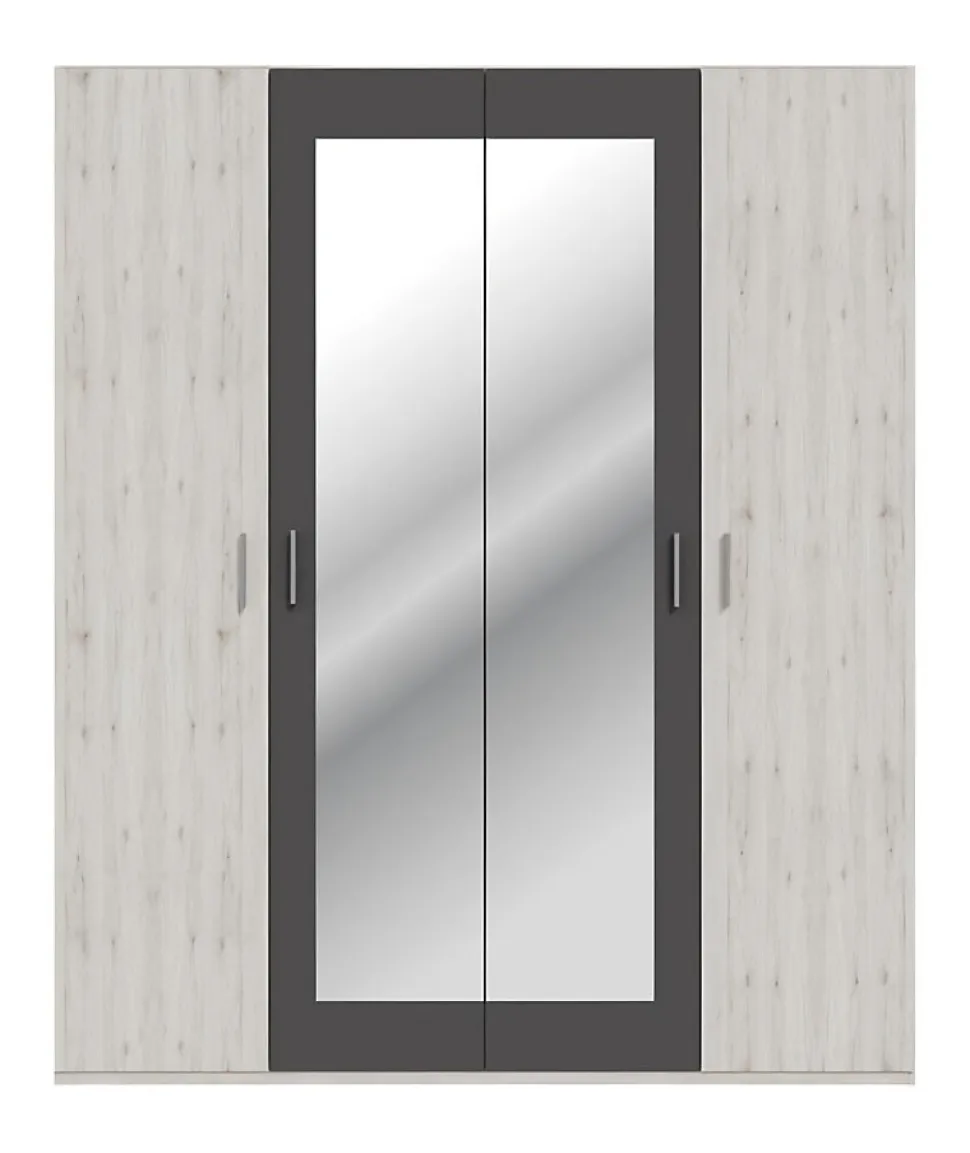 Armoire de chambre - ADRIA - Chene cendré / Gris foncé - 4 portes battantes - 2 miroirs - 177,5 x 54,2 x 210,5 cm