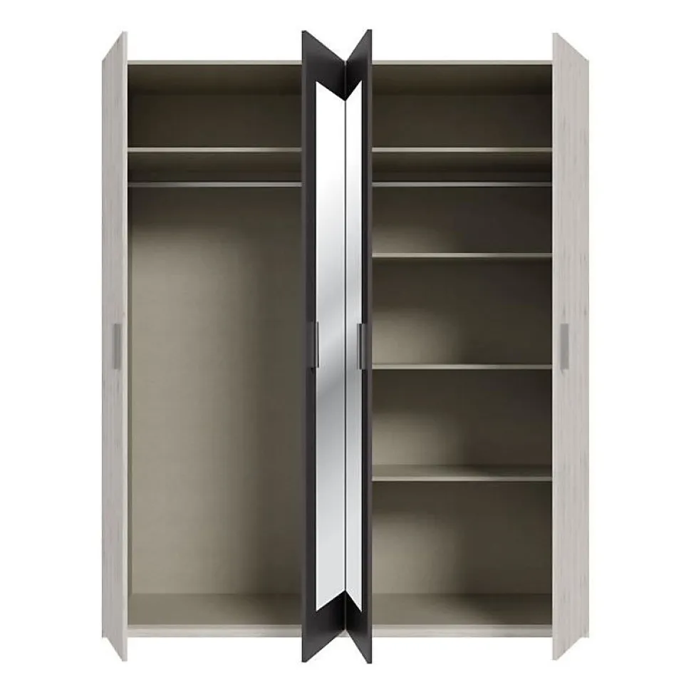 Armoire de chambre - ADRIA - Chene cendré / Gris foncé - 4 portes battantes - 2 miroirs - 177,5 x 54,2 x 210,5 cm