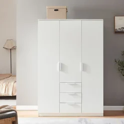 Armoire de chambre Eiselfing avec 4 étagères et 3 tiroirs 176 x 120 x 52 cm blanc en.casa