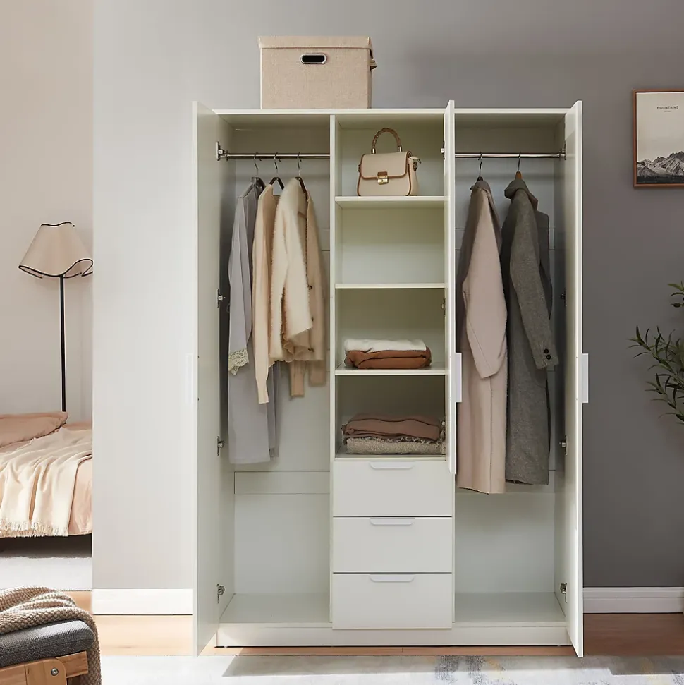 Armoire de chambre Eiselfing avec 4 étagères et 3 tiroirs 176 x 120 x 52 cm blanc en.casa