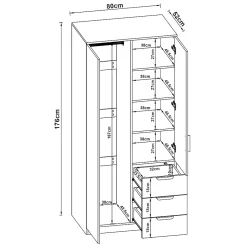 Armoire de chambre Eiselfing avec 4 étagères et 3 tiroirs 176 x 80 x 52 cm gris en.casa