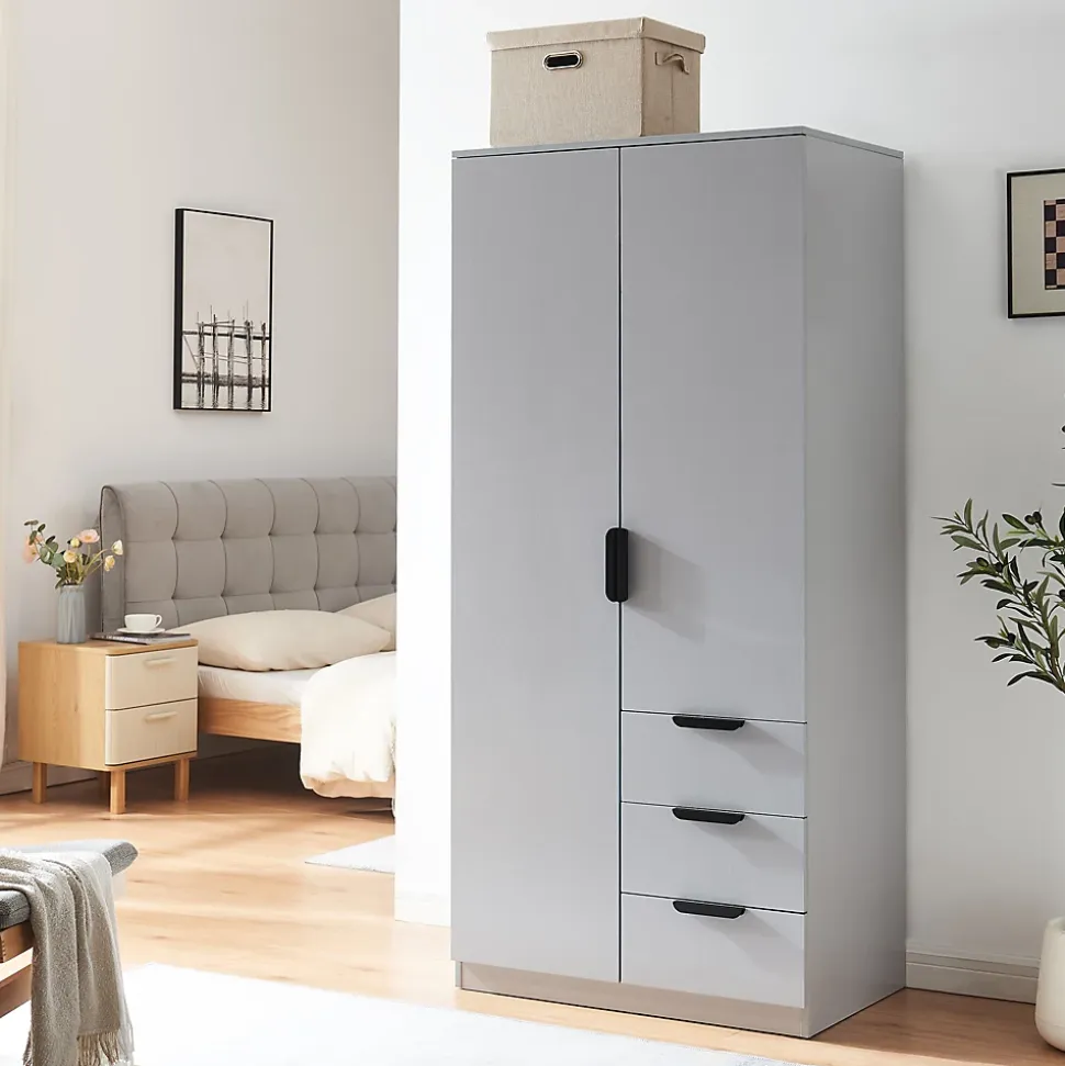 Armoire de chambre Eiselfing avec 4 étagères et 3 tiroirs 176 x 80 x 52 cm gris en.casa