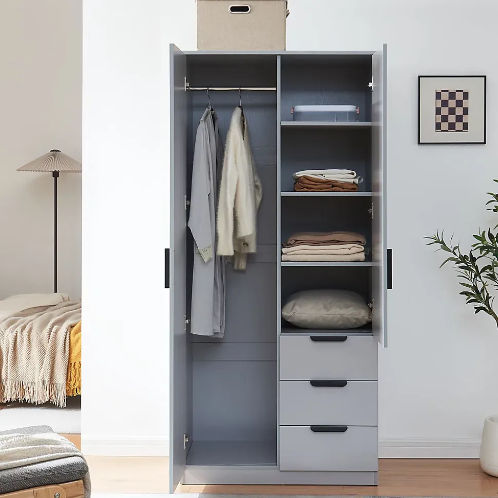 Armoire de chambre Eiselfing avec 4 étagères et 3 tiroirs 176 x 80 x 52 cm gris en.casa