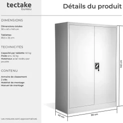 Armoire de classement en métal 3 étagères réglables en hauteur gris