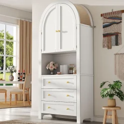 Armoire de Rangement - Buffet Haut 3 Tiroirs et 2 Portes, Étagère Ouverte, pour Cuisine et Salon, Blanc