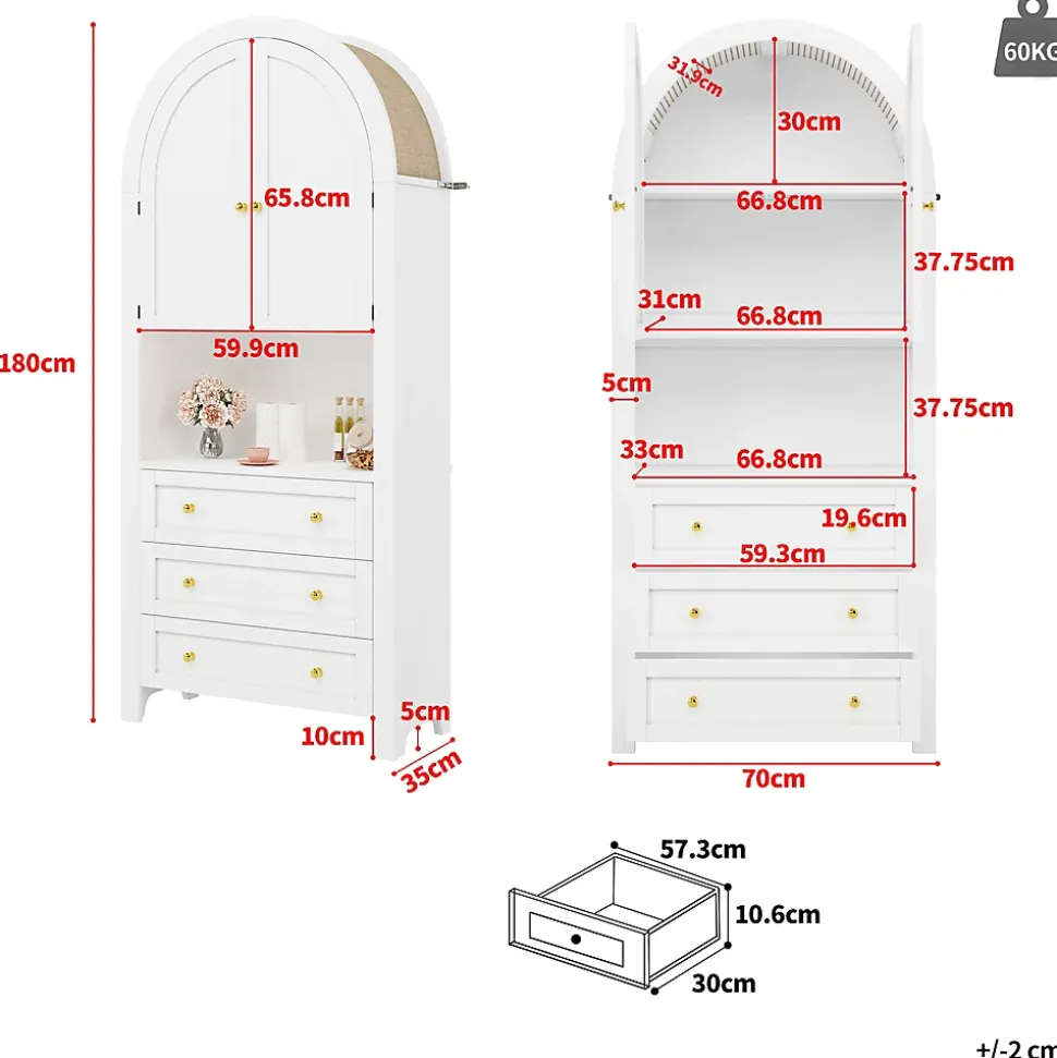 Armoire de Rangement - Buffet Haut 3 Tiroirs et 2 Portes, Étagère Ouverte, pour Cuisine et Salon, Blanc