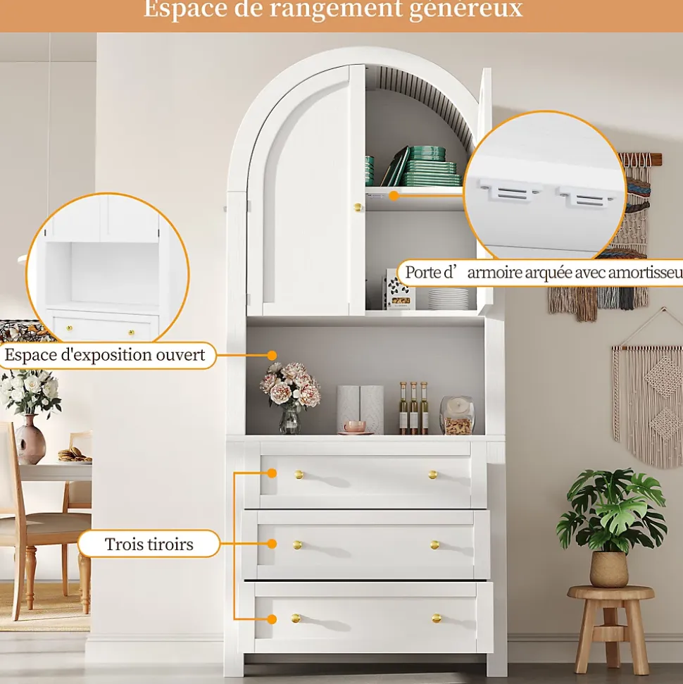 Armoire de Rangement - Buffet Haut 3 Tiroirs et 2 Portes, Étagère Ouverte, pour Cuisine et Salon, Blanc