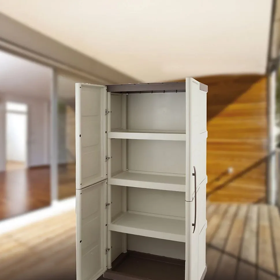 Armoire de rangement 2 portes 3 Etagères Beige 70 x 39 x 165cm Meuble de Garage Atelier Buanderie ARTPLAST