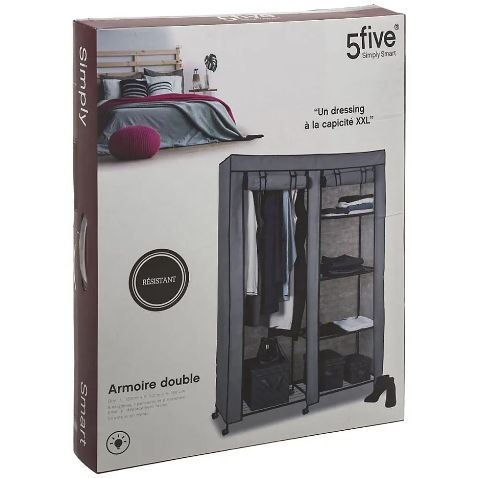Armoire de rangement 4 étagères et 1 penderie gris en tissu