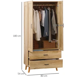Armoire de rangement design scandinave - armoire de chambre - placard 2 portes avec penderie - 2 tiroirs - aspect chêne clair