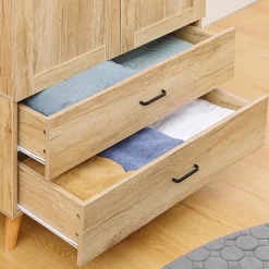 Armoire de rangement design scandinave - armoire de chambre - placard 2 portes avec penderie - 2 tiroirs - aspect chêne clair