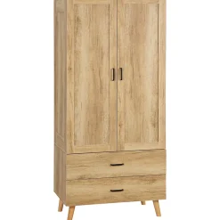 Armoire de rangement design scandinave - armoire de chambre - placard 2 portes avec penderie - 2 tiroirs - aspect chêne clair