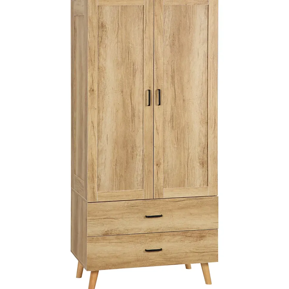 Armoire de rangement design scandinave - armoire de chambre - placard 2 portes avec penderie - 2 tiroirs - aspect chêne clair