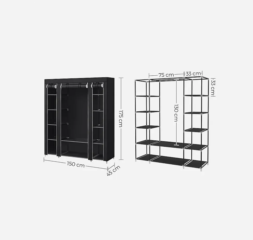 Armoire de Rangement en Tissu Noir + Housse - Penderie Métallique 12 Compartiments Dressing Chambre