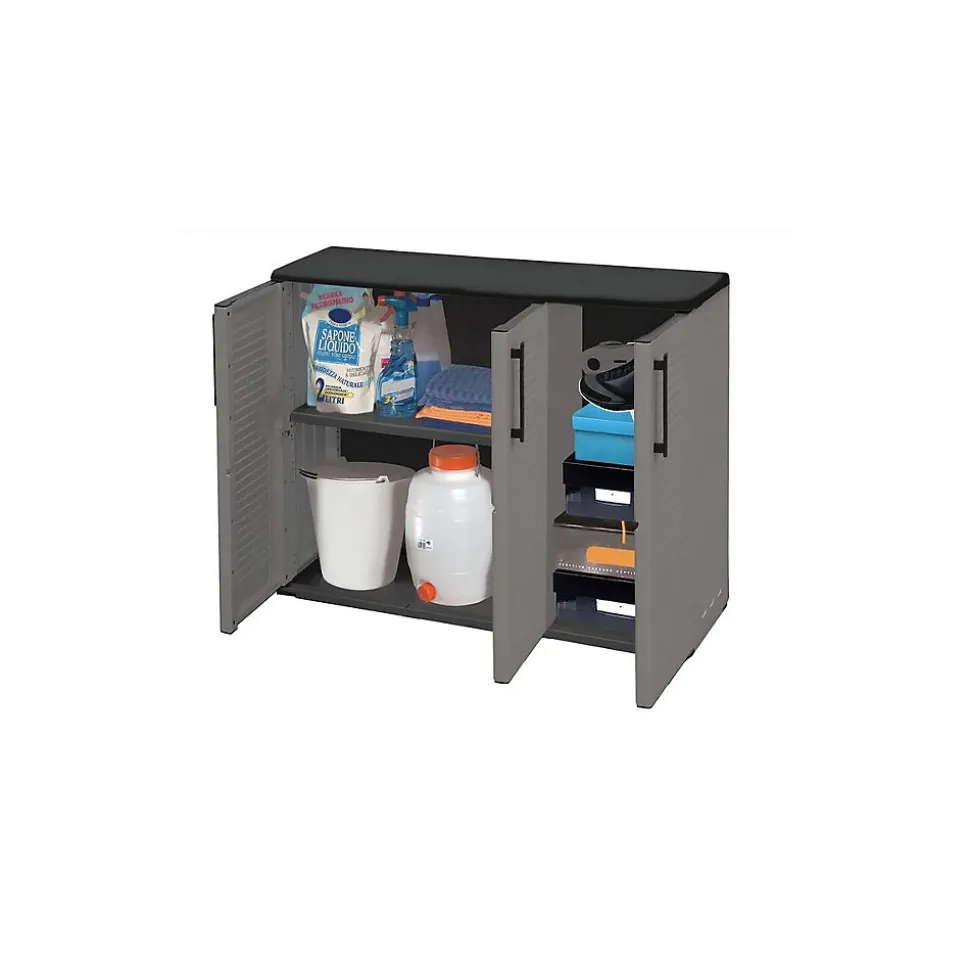 Armoire de Rangement Garage Atelier - Armoire basse 3 portes et 1 étagère Réglable Polypropylène 102x37h84 cm Charge 20 kg