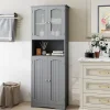 Armoire de Rangement Haute,avec Portes en Verre, Etagères,2/3 Compartiments Ouverts,pour Salle de Bain,Cuisine (60x30x164cm,Gris)
