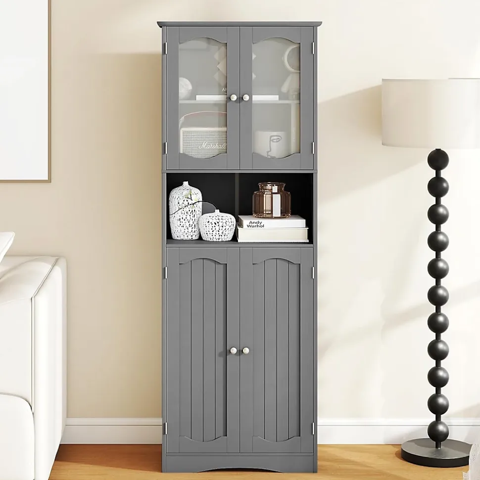 Armoire de Rangement Haute,avec Portes en Verre, Etagères,2/3 Compartiments Ouverts,pour Salle de Bain,Cuisine (60x30x164cm,Gris)