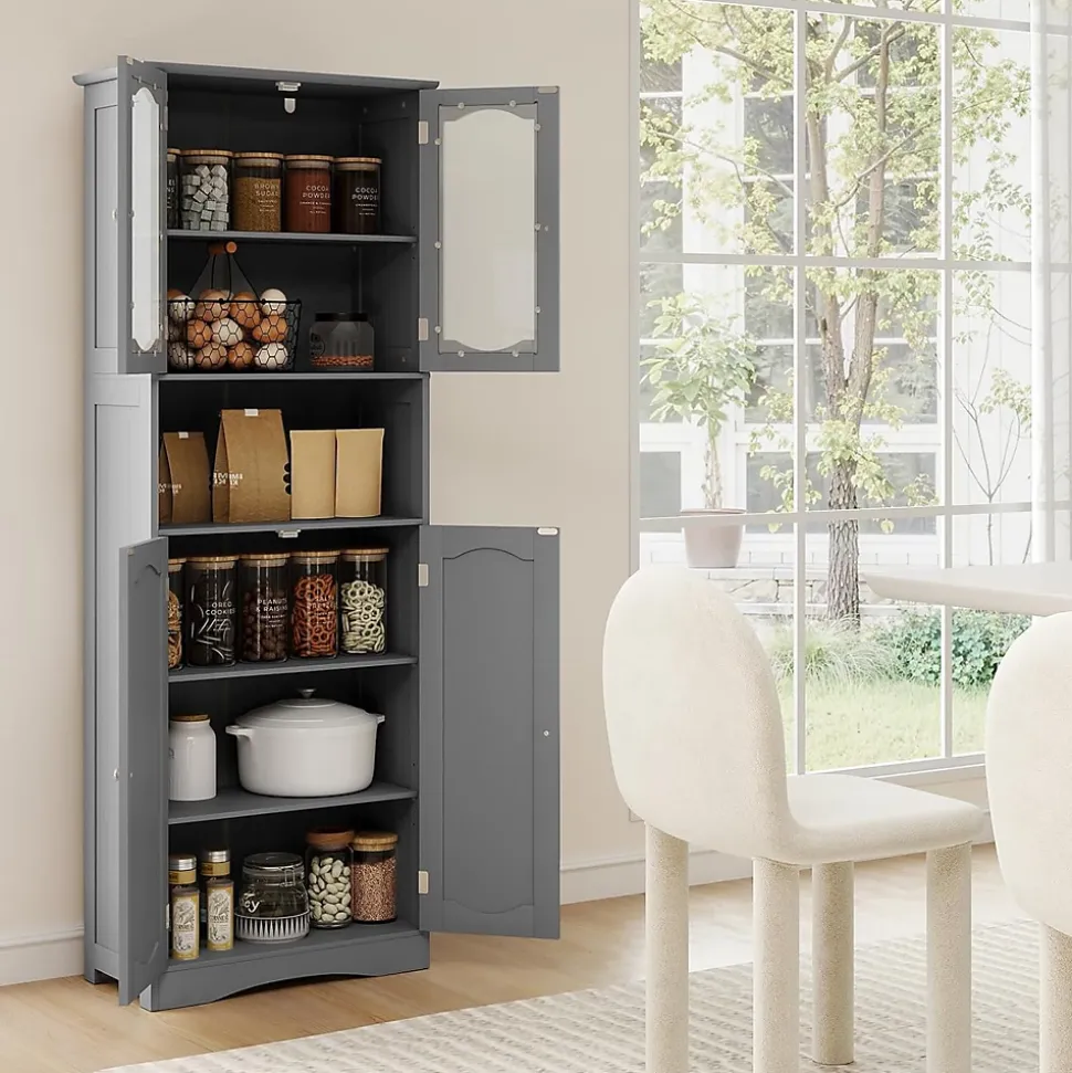 Armoire de Rangement Haute,avec Portes en Verre, Etagères,2/3 Compartiments Ouverts,pour Salle de Bain,Cuisine (60x30x164cm,Gris)