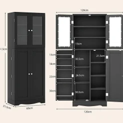 Armoire de Rangement Haute, avec Placard à Portes en Verre Trempé, étagères de Porte de Dispositif Anti-basculement, Noir