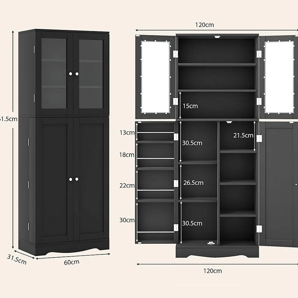 Armoire de Rangement Haute, avec Placard à Portes en Verre Trempé, étagères de Porte de Dispositif Anti-basculement, Noir