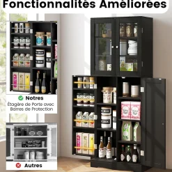Armoire de Rangement Haute, avec Placard à Portes en Verre Trempé, étagères de Porte de Dispositif Anti-basculement, Noir