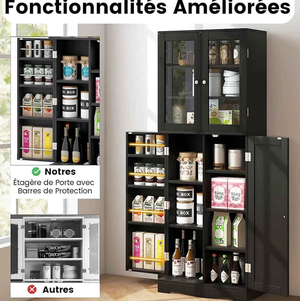 Armoire de Rangement Haute, avec Placard à Portes en Verre Trempé, étagères de Porte de Dispositif Anti-basculement, Noir