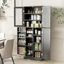 Armoire de Rangement Haute, avec Placard à Portes en Verre Trempé, étagères de Porte de Dispositif Anti-basculement, Noir