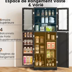 Armoire de Rangement Haute, avec Placard à Portes en Verre Trempé, étagères de Porte de Dispositif Anti-basculement, Noir