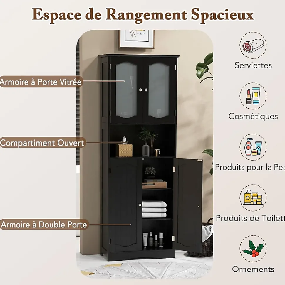 Armoire de Rangement Haute,avec Portes en Verre, Etagères,2/3 Compartiments Ouverts,pour Salle de Bain,Cuisine (60x30x164cm,Noir)