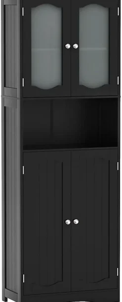 Armoire de Rangement Haute,avec Portes en Verre, Etagères,2/3 Compartiments Ouverts,pour Salle de Bain,Cuisine (60x30x164cm,Noir)