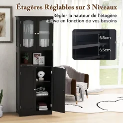 Armoire de Rangement Haute,avec Portes en Verre, Etagères,2/3 Compartiments Ouverts,pour Salle de Bain,Cuisine (60x30x164cm,Noir)