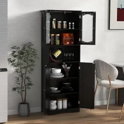 Armoire de Rangement Haute,avec Portes en Verre, Etagères,2/3 Compartiments Ouverts,pour Salle de Bain,Cuisine (60x30x164cm,Noir)