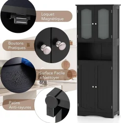 Armoire de Rangement Haute,avec Portes en Verre, Etagères,2/3 Compartiments Ouverts,pour Salle de Bain,Cuisine (60x30x164cm,Noir)