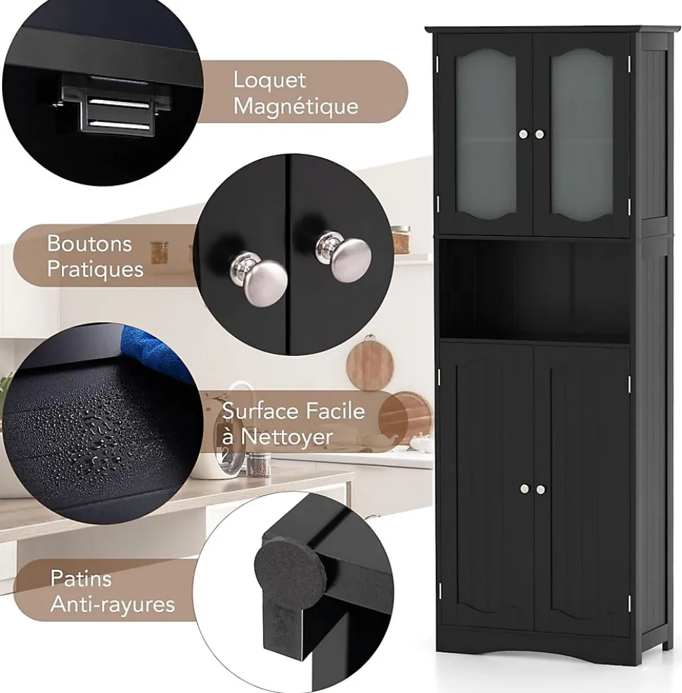 Armoire de Rangement Haute,avec Portes en Verre, Etagères,2/3 Compartiments Ouverts,pour Salle de Bain,Cuisine (60x30x164cm,Noir)