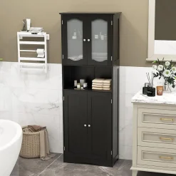 Armoire de Rangement Haute,avec Portes en Verre, Etagères,2/3 Compartiments Ouverts,pour Salle de Bain,Cuisine (60x30x164cm,Noir)