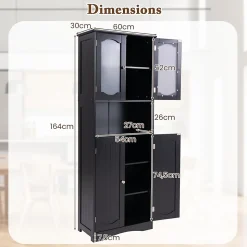 Armoire de Rangement Haute,avec Portes en Verre, Etagères,2/3 Compartiments Ouverts,pour Salle de Bain,Cuisine (60x30x164cm,Noir)